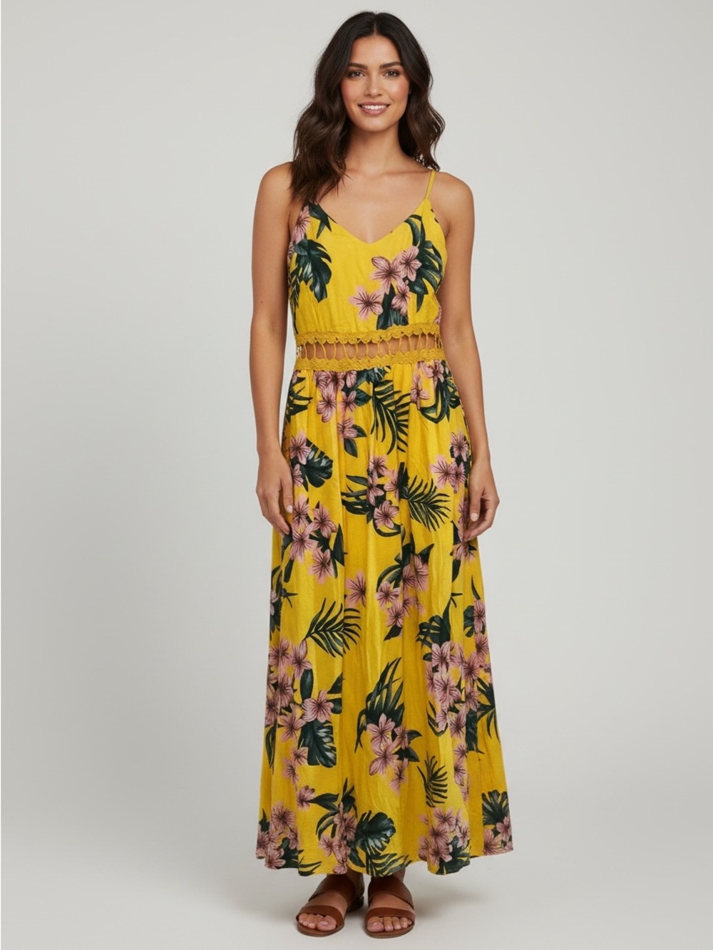 Ruiyige Tropical Yellow Floral Maxi Dress with Smocked Waist